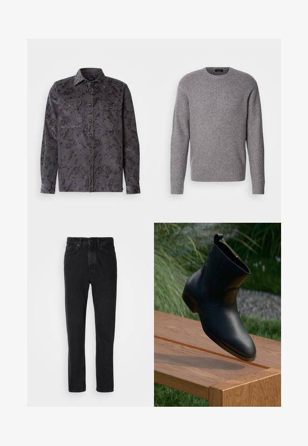 Pull en laine grise côtelé fabriqué à partir d'un tissu doux, avec un col rond et des manches longues, présentant une texture uniforme tout au long du vêtement.; Chemise en côtes de velours gris avec un motif floral noir, deux poches sur la poitrine, un col pointu et des boutons métalliques. Tissu texturé avec des nervures verticales.; Jeans en denim noir avec une coupe droite, dotés d'une fermeture à bouton et à zip, de poches avant et d'une texture subtile.; Botte de cheville en cuir noir avec fermeture éclair, placée à une extrémité d'un banc en bois poli à l'extérieur, avec de l'herbe et des pierres en arrière-plan.