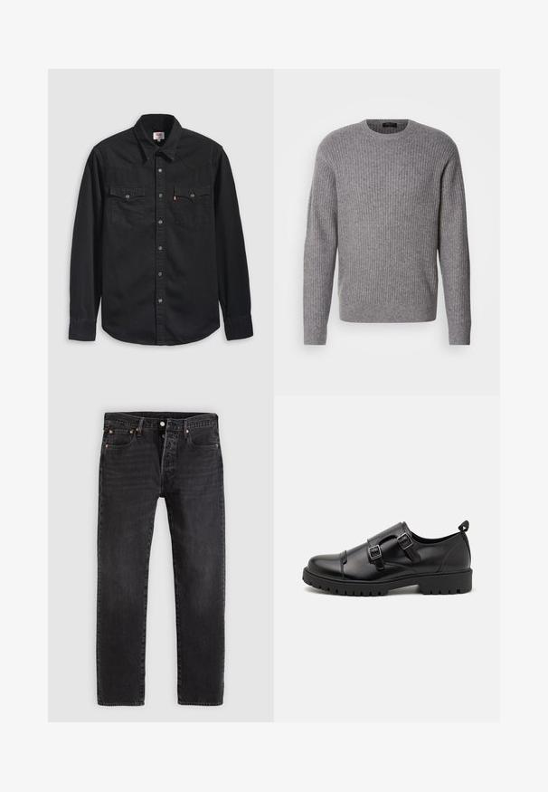 Pull en laine grise côtelé fabriqué à partir d'un tissu doux, avec un col rond et des manches longues, présentant une texture uniforme tout au long du vêtement.; Chemise en denim noir avec col boutonné, deux poches poitrine et un col pointu avec des détails de couture visibles.; Jean en denim noir à coupe droite, avec deux poches avant, une poche à monnaie et des rivets en métal. Design classique à cinq poches.; Pier One by Zalando Mocassins de ville - black