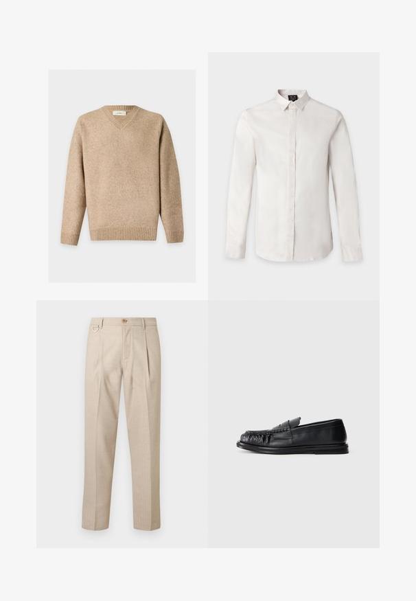 Pull en laine beige à col en V avec poignets et ourlet côtelés, présenté à plat sur un fond clair.; Chemise blanche à manches longues avec col pointu et patte de boutonnage dissimulée sur fond uni.; Pantalon beige plissé en tissu texturé, avec une fermeture à boutons, des poches latérales et un accent métallique sur la ceinture.; Mocassin en cuir noir avec un bout arrondi et froncé, et une semelle plate sur un fond blanc uni.