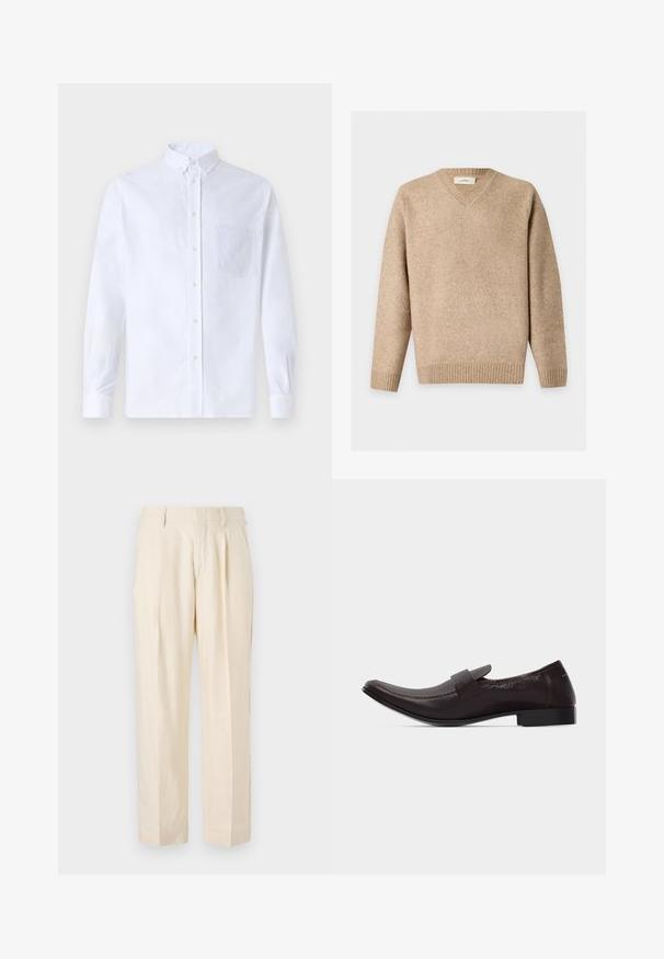 Beige V-hals wollen trui met geribde boorden en zoom, plat neergelegd op een lichte achtergrond.; Witte lange mouwen overhemd van katoen, met een borstzak met tonale borduring, een kraag en knopenmanchetten.; NN.07 KAY - Broek - off white; Donkerbruine leren mannenloafer met een lage hak, afgeronde vierkante neus en een band over de wreef, zijaanzicht.