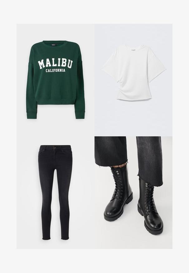 ONLY Sweats ONLSWEAT Sweat - Sweatshirt - pine grove; Hvid oversize T-shirt med korte ærmer og rund hals, let krøllet front, vist mod en ensfarvet lysegrå baggrund.; Sorte skinny jeans i denim-materiale med en mellemhøj talje, frontlommer og en rå kant ved anklerne. Klassisk fem-lomme design.; Sorte ankelstøvler med en glat læderfinish, snørebånd foran og lynlås i siden. Tykke såler og detaljerede øjer tilføjer tekstur.
