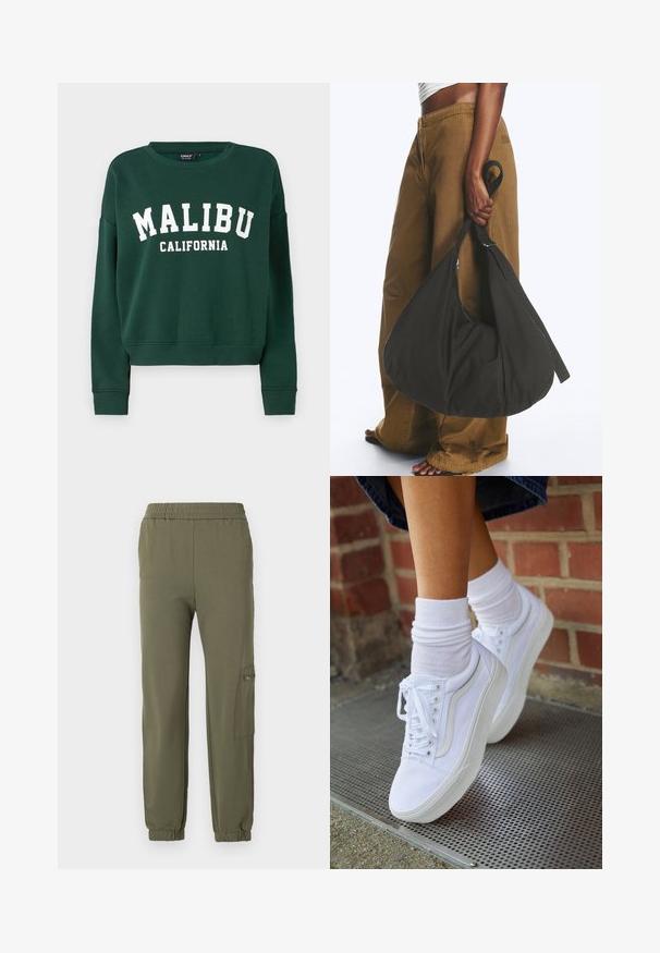 ONLY ONLSWEAT - Sudadera - pine grove; Pantalones jogger en verde oliva con cintura elástica, puños ajustados y un bolsillo lateral tipo cargo con detalle de cremallera. Tela suave y elástica.; Zapatillas de lona blancas con suelas de goma, que presentan seis ojales, puntera redonda y detalles de costura ligera, combinadas con calcetines blancos hasta el tobillo.; Persona con pantalones marrones de pata ancha y top blanco sosteniendo un gran bolso negro blando por la correa a su lado.