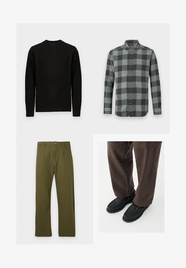 Sort ribbet langærmet sweater med rund hals, vist fladt mod en ensfarvet hvid baggrund.; Skjorte med ternet mønster bestående af store mørkegrønne og sorte firkanter, lange ærmer, standard krave og træknapper.; Grønne bomuldsbukser med lige snit, featuring en frontlomme-design, metalknaplukning og diskrete syninger.; Sorte lædersko med glat finish, rundet tå og snøredesign, kombineret med teksturerede brune bukser. Set fra gulvniveau.