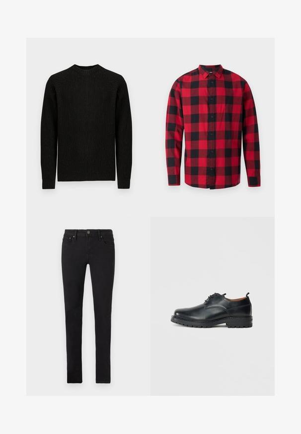 Sort ribbet langærmet sweater med rund hals, vist fladt mod en ensfarvet hvid baggrund.; Rødmønstret flannel-skjorte i sort og rød med knaplukning foran, lange ærmer og krave. Har et klassisk ternet mønster.; Sorte slim-fit jeans med fem lommer, knaplukning og bælteklips, vist fladt på en hvid baggrund.; Sorte læder derby-sko med en glat overflade, rund tå, snøre-design og en tyk, robust gummisål.
