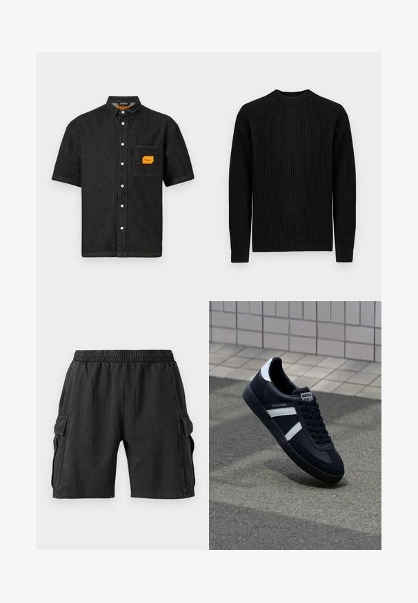 Schwarzer, gerippter Langarmpullover mit Rundhalsausschnitt, flach auf einem schlichten weißen Hintergrund präsentiert.; Schwarzes kurzärmliges Button-Up-Hemd mit einer Brusttasche, die ein orangenes Replay Inc. Etikett und weiße Knöpfe an der Vorderseite enthält.; Schwarze Cargo-Shorts mit einem elastischen Bund, zwei Seitentaschen und zwei Cargo-Taschen an den Seiten. Hergestellt aus einem weichen, leichten Material.; Schwarze Leder-Sneaker mit weißen Streifen, strukturiertem Gummisohle und Schnürung. Verfügt über ein Markenetikett auf der Zunge.