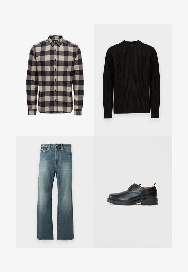 Pull noir à côtes avec manches longues et col rond, présenté à plat sur un fond blanc uni.; Chemise en flanelle pour homme en noir et crème, présentant un motif à carreaux classique, un col boutonné et des manches longues avec poignets à boutons.; Jeans en denim bleu clair avec une coupe droite, un léger délavage, cinq poches et des passants de ceinture. Comprend des accents de couture et une fermeture à bouton.; Chaussures derby en cuir noir avec une texture lisse, bout rond, design à lacets et une semelle en caoutchouc épaisse et robuste.