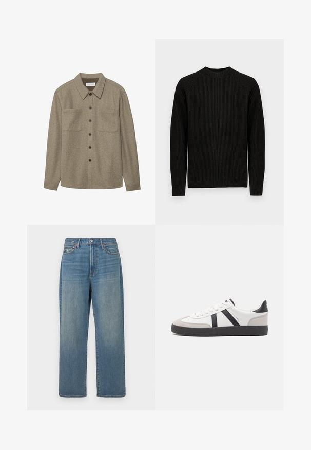 Pull noir à côtes avec manches longues et col rond, présenté à plat sur un fond blanc uni.; Chemise boutonnée en laine marron avec un col pointu, deux poches poitrine et des boutons noirs. Texture douce avec une coupe décontractée.; Jeans en denim bleu à jambes droites avec une teinte délavée, design à cinq poches et fermeture par bouton à la taille.; Baskets blanches avec des accents noirs et gris, présentant un embout texturé gris, une semelle en caoutchouc noir et des lacets plats blancs. Design épuré, style minimaliste.