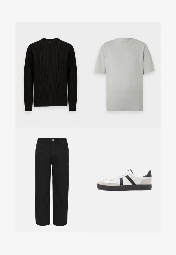 Zwart geribbeld sweater met lange mouwen en een ronde hals, plat weergegeven tegen een effen witte achtergrond.; Lichtgrijs T-shirt met korte mouwen en ronde hals, met een subtiel geborduurd logo op de linkerborst, plat gelegd op een witte achtergrond.; Zwarte rechte broek met knoop- en ritssluiting aan de voorkant, riemlussen en drie voorzakken op een effen lichte achtergrond.; Witte sneaker met zwarte en grijze accenten, voorzien van een grijze neus met textuur, zwarte rubberen zool en platte witte veters. Schoon ontwerp, minimalistische stijl.