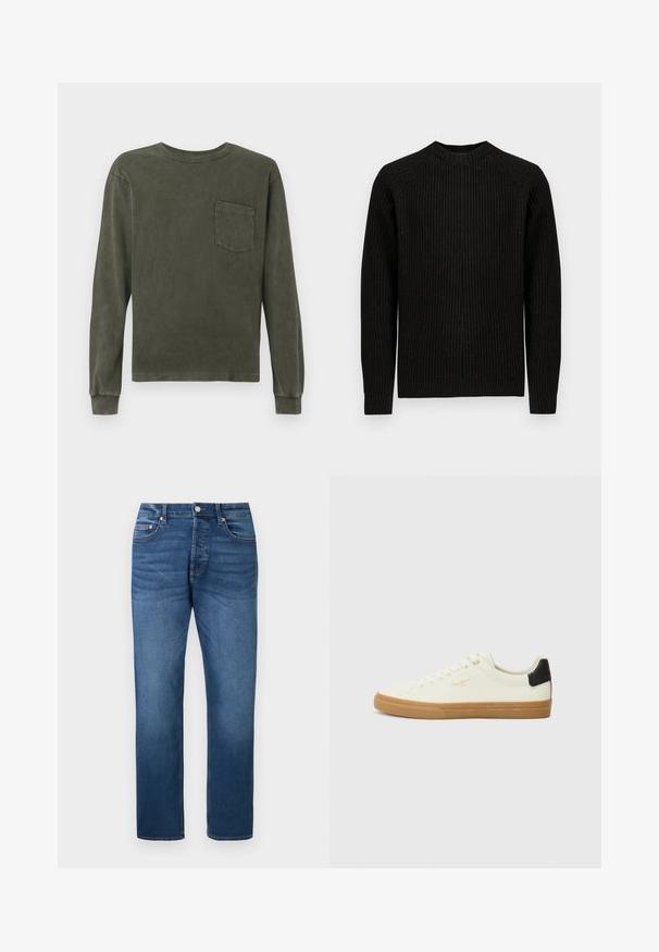 Suéter negro de manga larga con canalé y cuello redondo, presentado de forma plana sobre un fondo blanco liso.; Camisa de manga larga en verde oliva oscuro, fabricada en material suave, con cuello redondo y un bolsillo en el pecho. Textura suave, corte relajado.; Vaqueros azules de pierna recta con cierre frontal de botón y cremallera, estilo de cinco bolsillos y sutiles desgastes en muslos y rodillas, exhibidos en superficie plana sobre fondo blanco.; Zapatilla de lona blanca con suela de goma, acento negro en el talón, punta redonda y diseño con cordones. Presenta el logo de la marca en dorado en el lateral.