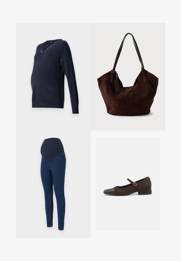 Donkerblauwe gebreide zwangerschapstrui met een v-hals en kantdetail bij de kraag. Lange mouwen en een ontspannen pasvorm voor comfort.; Zwangere jeans in donkerblauwe denim, met een rekbare donkere tailleband en een slim-fit ontwerp met zakken.; Bruine suède Mary Jane-schoen met een zwarte lakleren neuskap, een verstelbare band en een lage blokhak. Gladde textuur met minimale accenten.; Bruine suède handtas met een zachte, slungelige vorm. Voorzien van leren handvatten en een tagaccent. Eenvoudige textuur met gebogen naden.