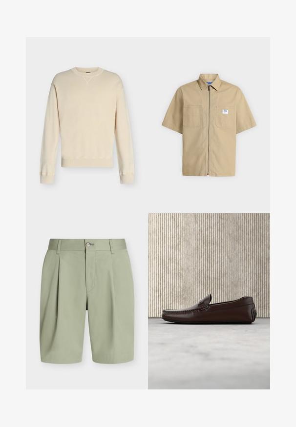 Pull crème à manches longues avec col rond, poignets et ourlet côtelés, présenté sur un fond uni gris clair.; Chemise beige à manches courtes avec fermeture éclair à l'avant, deux poches poitrine et un petit patch logo blanc sur la poche droite.; Shorts vert clair, cintrés, avec plis, passants pour ceinture, fermeture par bouton et fermeture éclair cachée à l'avant sur fond uni.; Mocassins en cuir marron avec une finition lisse, des coutures de style mocassin, un bout rehaussé et une semelle en caoutchouc basse et flexible.