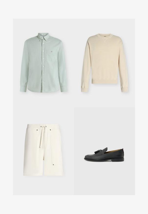 Pull crème à manches longues avec col rond, poignets et ourlet côtelés, présenté sur un fond uni gris clair.; Chemise vert clair à manches longues avec boutons, poche poitrine et petit logo brodé, présentée sur fond blanc uni.; Shorts taille élastique de couleur blanc cassé avec cordon à l'avant et grandes poches plaquées maintenues par de petites rivets métalliques.; Mocassin pour homme en cuir noir avec pompons, bout arrondi, petit talon et languette à l'arrière, présenté de profil sur un fond gris clair.
