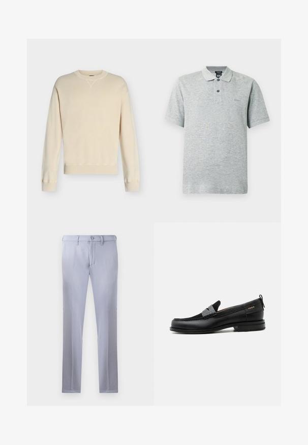 Langærmet crewneck-trøje i cremefarve med ribstrikkede ærmekanter og kant, vist mod en ensfarvet lysegrå baggrund.; Polo-shirt i lysegrå bomuldsblanding, korte ærmer, tekstureret stof, to-knaps lukning, diskret logo på brystet.; Lysegrå skræddersyede bukser lavet af glat stof, med knaplukning, bæltestropper og lige ben. Ingen synlige lommer.; Sort læderloafer med grå remdetalje, lav hæl og tekstureret sål, mærket med "HUGO" i guld på siden.