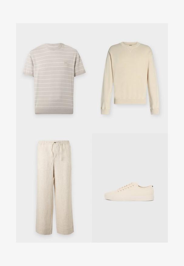Pull crème à manches longues avec col rond, poignets et ourlet côtelés, présenté sur un fond uni gris clair.; Chemise en maille beige clair à manches courtes avec de fines rayures blanches horizontales et un petit écusson carré avec logo sur le côté gauche de la poitrine.; Pantalon large en lin beige avec taille élastique, bouton à l'avant et fermeture par cordon, présenté sur un fond clair uni.; Baskets en toile beige avec bout arrondi, semelle en caoutchouc plate et lacets à l'avant. Présente un design minimaliste et un accent noir contrastant au niveau du talon.