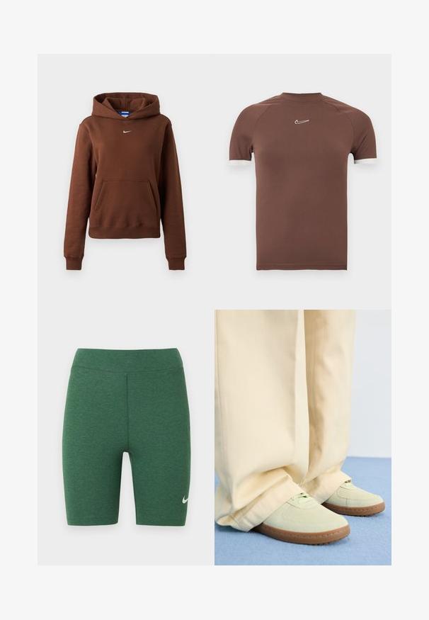 Hnedá mikina Nike s kapucňou a klokaním vreckom, malým bielym logom Swoosh na hrudi, dlhými rukávmi a kapucňou na jednofarebnom pozadí.; Hnedá košeľa s krátkym rukávom z hladkej tkaniny, s vysokým golierom a bielymi prvkami na manžetách rukávov, s malým logom na hrudi.; Zelené športové šortky z elastickej látky. Dizajn s vysokým pásom, ploché švy a biele logo Nike na spodnej ľavej nohe.; Zelené semišové tenisky s okrúlymi špičkami a textúrovanými podrážkami, v kombinácii so širokými béžovými nohavicami, na modrom povrchu.
