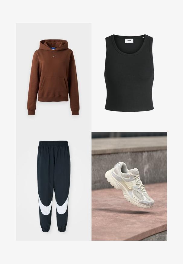 Hnedá mikina Nike s kapucňou a klokaním vreckom, malým bielym logom Swoosh na hrudi, dlhými rukávmi a kapucňou na jednofarebnom pozadí.; Čierny rebrovaný top na ramienka s okrúhlym výstrihom a bezrukávovým dizajnom; vyrobený z mäkkej, elastickej látky pre pohodlie a vhodnosť.; Čierne teplákové nohavice s bielymi zakrivenými panelmi, elastickým pásom a zhromaždenými manžetami, vyrobené z ľahkej látky a vo voľnom strihu.; Biele a béžové bežecké topánky značky Nike s panelmi z oka a hrubou podrážkou, zavesené nad ružovým kamenným povrchom a sivým kamenným pozadím.