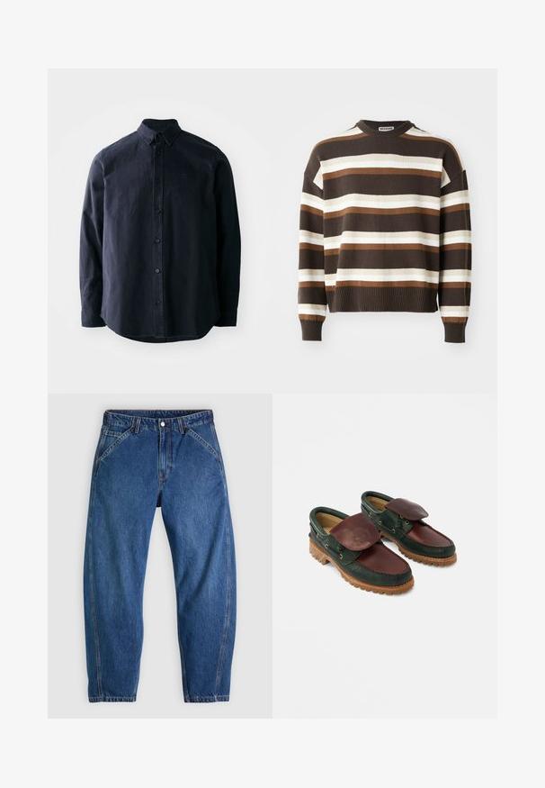 Pull rayé marron et crème avec un col rond, des poignets et un ourlet côtelés, offrant une coupe décontractée et une texture douce.; Chemise boutonnée bleu marine foncé avec col pointu, manches longues et ourlet droit. Présente un logo subtil sur la poitrine et un tissu texturé.; Jean en denim bleu à coupe décontractée, doté d'une fermeture à boutons, de cinq poches et de surpiqûres orange contrastantes. Texture lisse sur toute la surface.; Chaussures en cuir avec un corps vert foncé, un dessus bordeaux, un bout rond, un rabat sécurisé et une semelle en caoutchouc texturée avec des rainures.
