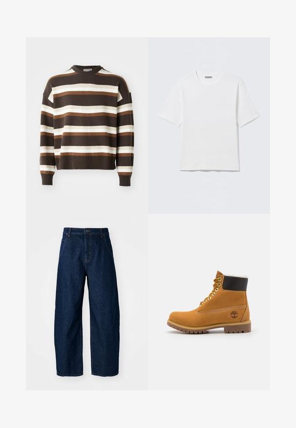 Brun og creme stribet sweater med rund halsudskæring, ribbede mansjetter og kant, der har en afslappet pasform og blød tekstur.; Hvid, kortærmet t-shirt med rund hals og et lille "WEEKDAY"-mærke på indersiden af bagkraven, vist på en flad overflade.; Bredde ben mørk denim jeans med høj talje, som har fem lommer, knaplukning foran og synlige syninger.; Brune læder ankelstøvle med metaløjer, hvid pelsforing, sort polstret krave, robust sål og præget logo på siden.