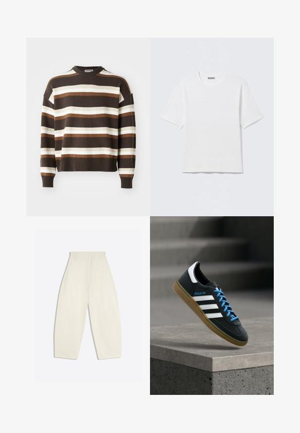 Pull rayé marron et crème avec un col rond, des poignets et un ourlet côtelés, offrant une coupe décontractée et une texture douce.; T-shirt blanc uni à manches courtes et col rond, avec une petite étiquette "WEEKDAY" à l'intérieur du col arrière, présenté à plat.; Pantalon crème taille haute à jambes larges, avec poches arrière et passants de ceinture, présenté à plat sur un fond clair.; Baskets Adidas noires avec des rayures blanches, des lacets bleus et une semelle en gomme flottant au-dessus d'une marche en béton grise sous une lumière douce.