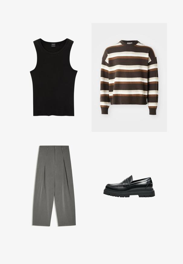 Gestreifter Pullover in Braun und Creme mit rundem Halsausschnitt, gerippten Bündchen und Saum, verfügt über eine lockere Passform und eine weiche Textur.; Schwarzes, geripptes Tanktop mit rundem Halsausschnitt und weiten Armausschnitten, aus einem weichen, dehnbaren Stoff. Marke: Pull&Bear.; Graue, weit geschnittene, maßgeschneiderte Hosen mit vorderen Falten, Knopfverschluss und Gürtelschlaufen, flach auf weißem Hintergrund ausgelegt.; Schwarzer Leder-Slipper mit dicker Profilsohle und Pennyriemen-Detail, seitlich auf weißem Hintergrund gezeigt.