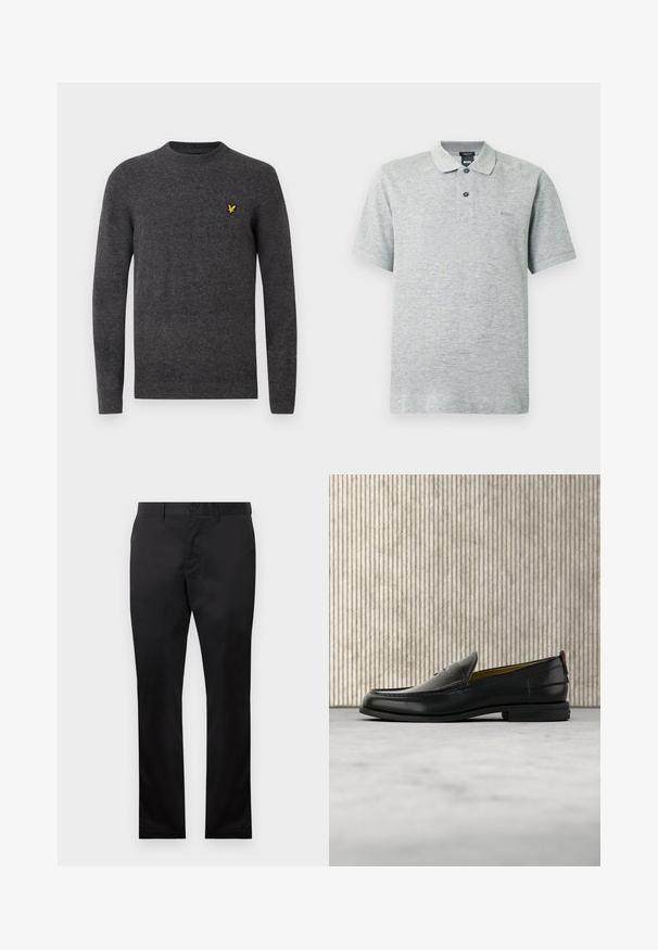 Grau gestrickter Pullover aus weichem Material, mit rundem Halsausschnitt und langen Ärmeln. Enthält ein kleines gelbes Logo auf der Brust.; Poloshirt aus hellgrauem Baumwollmischgewebe, kurze Ärmel, strukturierter Stoff, Zweiknopfleiste, dezentes Logo auf der Brust.; Schwarze Baumwollhosen mit geradem Bein, ausgestattet mit einem vorderen Knopfverschluss und seitlichen Taschen, glatte Textur, keine sichtbaren Muster.; Schwarzer Herren-Slipper aus Leder mit einer krokogeprägten Vorderkappe und einem niedrigen Absatz, im Profil vor neutralem Hintergrund gezeigt.