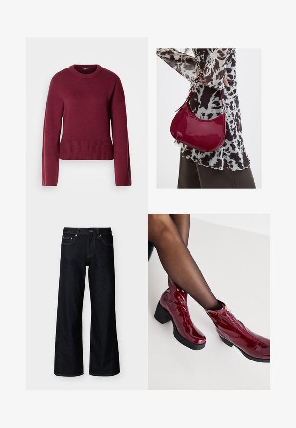 Burgunder strikket sweater med rund halsudskæring, lange ærmer og ribbet kant. Stoffet ser blødt og struktureret ud.; Mørkeblå jeans med brede ben, med forreste knap, lynlås og styling med fem lommer på en ensfarvet lys baggrund.; Røde ankelstøvler i patenteret læder med en kraftig sort hæl og lynlåsdetalje. Glat tekstur, elegant design med en rund tå.; Kvinde iført en sort- og hvidmønstret bluse, der holder en blank rød skuldertaske mod en ensfarvet baggrund.