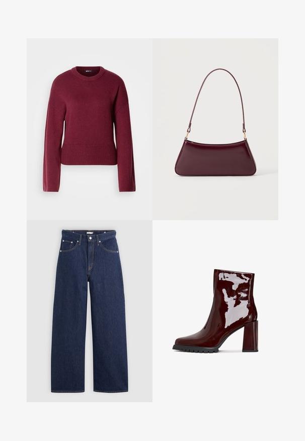 Burgunder strikket sweater med rund halsudskæring, lange ærmer og ribbet kant. Stoffet ser blødt og struktureret ud.; Mørkeblå denim brede ben jeans med høj talje, der har fem lommer, bæltestropper og detaljer med kobber stikninger. Glat tekstur.; Glatte bordeaux ankelstøvle med firkantet tå, kraftig gennemsigtig hæl og tekstureret sort sål. Glat overflade med en højglans finish.; Mørk burgunderglans håndtaske med et enkelt tyndt håndtag og en elegant, trapezformet form på en ensartet lys baggrund.