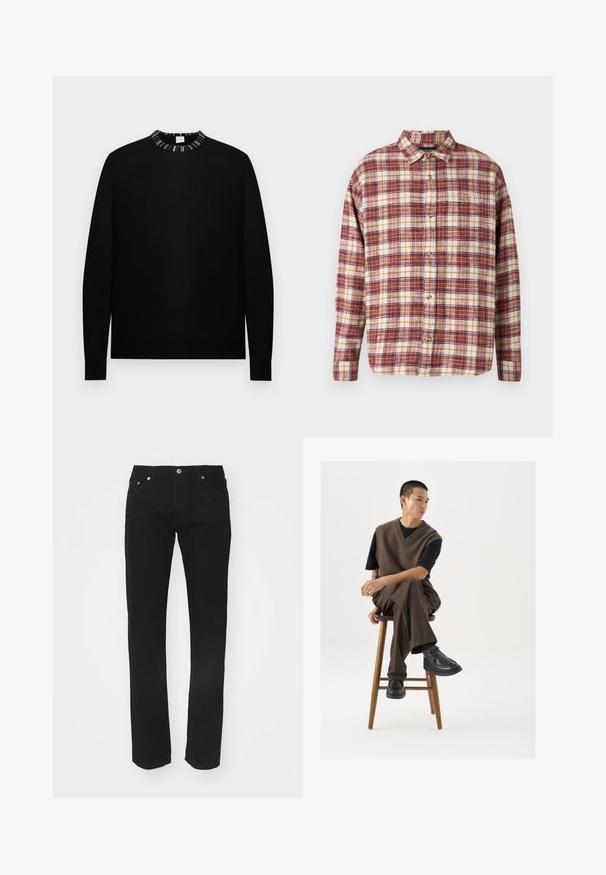 Sort langærmet rundhalset sweater med flerfarvet stribet krave på en ensfarvet baggrund.; Knap-uf skjorte lavet af ternet stof i rød, gul og hvid. Har en klassisk krave og lange ærmer med knaplukning.; Sorte denimjeans med lige ben, fem-lomme design og metalknaplukning i taljen. Glat tekstur, ingen synlige mønstre.; Brun strikket vest over en sort t-shirt, parret med brune vidde bukser og sorte chunky sko, siddende på en træstub.