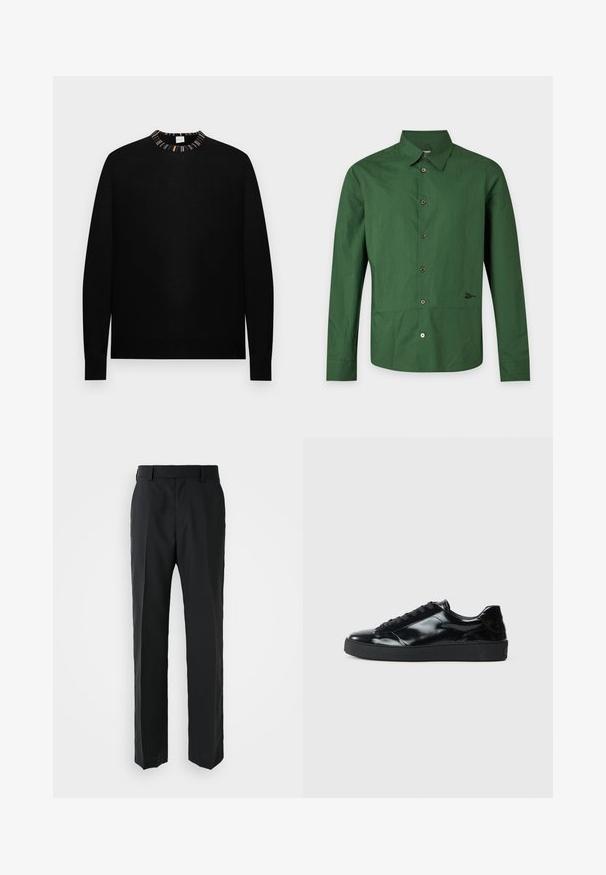 Sort langærmet rundhalset sweater med flerfarvet stribet krave på en ensfarvet baggrund.; Langærmet mørkegrøn knap-op-skjorte med standardkrave og en lille broderet detalje nær den nederste højre side.; Sorte bukser med lige ben-design, lavet af glat stof. Har en flad talje og ingen synlige mønstre eller udsmykninger.; Sorte laklæder sneakers med rund tå, snørredesign, tekstureret gummisål og en glat overflade.