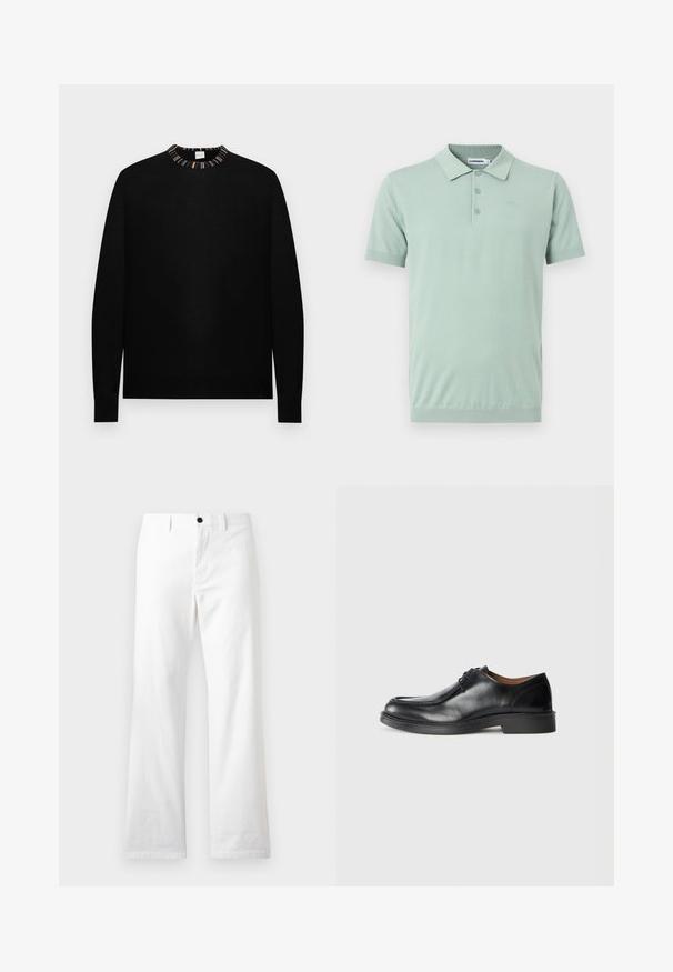 Pull noir à manches longues avec col rond et détail de col rayé multicolore sur fond uni.; Polo à manches courtes vert clair avec trois boutons et un col, orné d'une broderie discrète du logo sur le côté gauche de la poitrine.; Pantalon blanc à jambes droites avec bouton frontal et passants de ceinture, présenté sur un fond clair uni.; Chaussure de ville en cuir noir avec un bout arrondi, surface lisse, détails en dentelle et une semelle en caoutchouc texturée basse. Lignes épurées et design minimal.