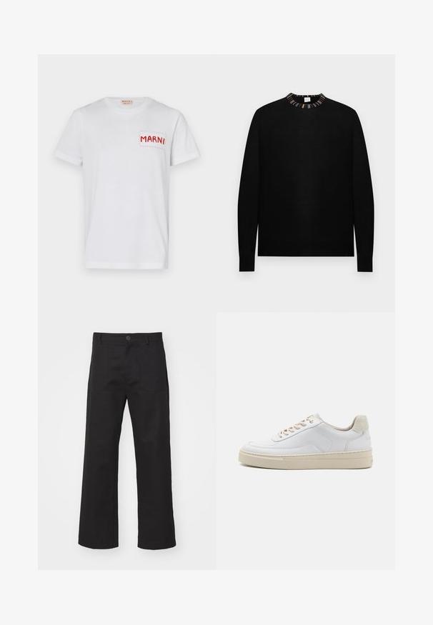 Sort langærmet rundhalset sweater med flerfarvet stribet krave på en ensfarvet baggrund.; Hvid bomulds t-shirt med en rød syet lomme med "MARNI" på venstre bryst og korte ærmer. Glat tekstur, klassisk rund hals.; Sort bredde bukser lavet af robust stof, med knaplukning, to forlommer og en ren sømfinish.; Hvide sneakers med en glat læderoverdel, beige snørebånd og en tekstureret beige ruskindsheel-tab. Hævet sål for ekstra højde.