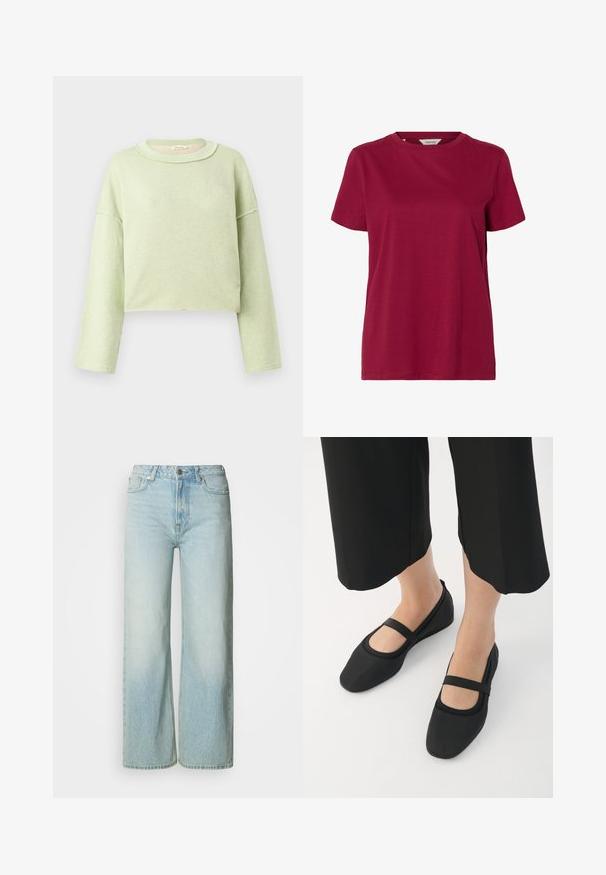 Lysegrøn cropped sweatshirt med lange ærmer, rå kantdetaljer og rund halsudskæring på en ensfarvet baggrund.; Enkelt kortærmet t-shirt med rund hals i ensartet mørkerød farve, vist på hvid baggrund.; Lyseblå denim bukser med vide ben i en falmet vask, fem-lomme design og metalknaplukning i taljen. Ren, lige skåret form.; Sorte flade sko lavet af glat materiale, med rund tå og en kontrastfuld rem over vristen. Flad sål, minimalistisk design.