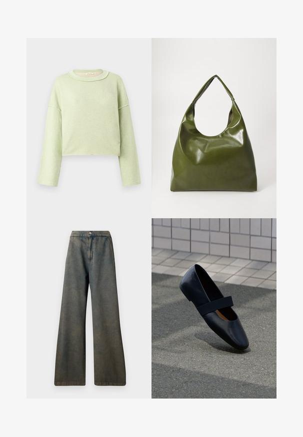 Lysegrøn cropped sweatshirt med lange ærmer, rå kantdetaljer og rund halsudskæring på en ensfarvet baggrund.; Mørkeblå vide jeans med høj talje, med lukkning foran med knapper og en diskret tekstur. Stoffet ser let falmet ud.; Sort læder flad sko med rund tå, der har en blød sort elastisk strop over vristen. Glat tekstur og minimalistisk design.; Grøn læder hobo taske med en slouchy design, buet håndtag og glat tekstur. Indeholder ingen synlig hardware eller accenter.