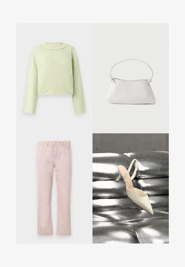 Sweatshirt court à manches longues vert clair avec détails à bords bruts et encolure ronde sur un fond uni.; Jean en denim rose clair avec une coupe droite, cinq poches et une fermeture éclair. Détails de couture et accents en métal argenté.; Chaussure à talon haut blanche à bout pointu et bride arrière reposant sur une surface capitonnée argent métallique brillante.; Sac à main en cuir tressé blanc avec poignée arrondie et extrémités de lanière nouées, présenté sur un fond uni.