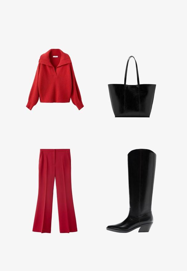 Pull rouge en tricot avec un col large et un décolleté en V profond. Caractéristiques : épaules tombantes, manches longues et tissu texturé. Longueur raccourcie.; Pantalon rouge à jambes larges, sur mesure, avec poches latérales et fermeture avant cachée, présenté sur fond blanc.; Botte haute noire en cuir avec un bout pointu et un talon bloc moyen, vue de profil sur fond blanc.; Sac cabas en cuir noir avec deux longues anses et texture lisse, présenté sur un fond blanc.