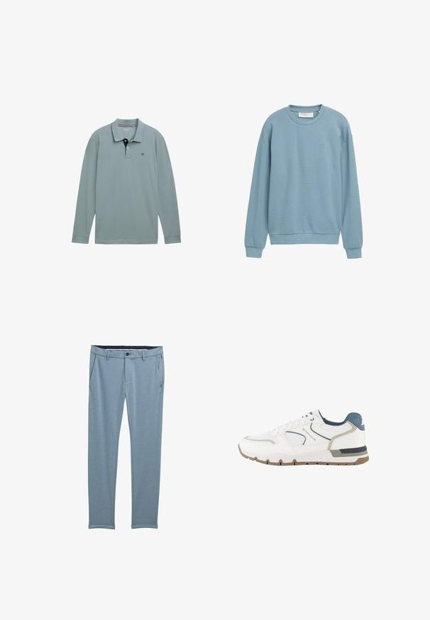 Lichtblauwe, gestructureerde, lange mouw, ronde hals sweatshirt met geribbelde manchetten en zoom, minimalistisch design en een klein geborduurd logo op de borst.; Lange mouwen polo shirt in lichtblauw met een contrasterende marinekleurige kraag. Katoenen materiaal, met een klein logo op de linkerborst. Klassieke pasvorm.; Lichtblauwe op maat gemaakte broek van een soepele stof, met voorzakken, een knoopsluiting en opgerolde manchetten bij de enkels.; Witte en grijze sportschoen met blauwe accenten, meshstof en een bruine zool, met het merk "Tom Tailor" aan de zijkant.