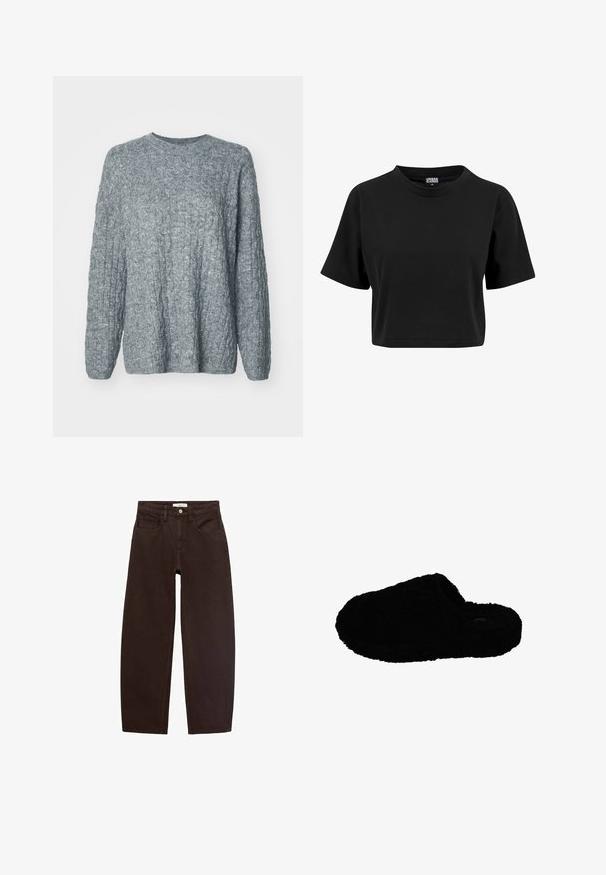 Grijze gebreide trui met een gestructureerd, geribbeld ontwerp. Ronde hals en lange mouwen. Gemaakt van een zacht, middelzwaar materiaal.; Zwart cropped T-shirt van katoen, met een ronde hals en korte mouwen, met een effen, gladde textuur en zonder zichtbare grafische elementen.; Bruine denim jeans met een relaxte pasvorm, voorzien van vijf zakken, riemlussen en een klassieke ritssluiting. Soepele structuur en recht pijpontwerp.; Zwarte, pluizige instapsloffen met gesloten neus en lage hak, ontworpen voor binnencomfort.