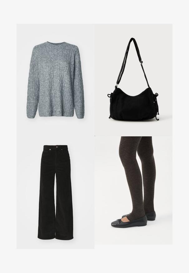 Pull en tricot gris avec un design texturé et côtelé. Encolure ras du cou et manches longues. Fabriqué à partir d'un matériau doux et de poids moyen.; Pantalons en velours côtelé noir à jambes larges avec une taille haute, dotés de deux poches avant et d'une fermeture à bouton métallique. Tissu texturé avec des nervures verticales.; Jambes portant des leggings côtelés foncés associés à des ballerines noires avec de petits détails en nœud sur fond blanc.; Sac à épaule en velours côtelé noir avec une forme courbée, bandoulière réglable et fermetures à cordon des deux côtés pour un ajustement de taille.
