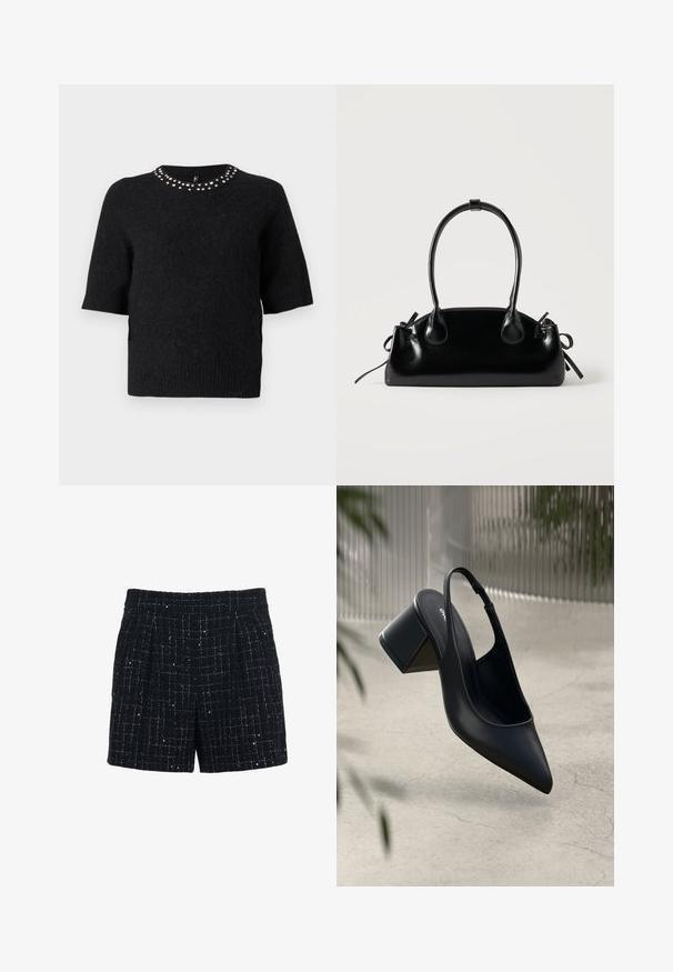 Pull en peluche noir à manches courtes avec un col rond, orné d'une rangée de clous en argent autour du col.; Shorts en tweed noir avec un motif à carreaux intégrant des fils argentés, devant plissé et coupe ajustée. Texture lisse et longueur mi-cuisse.; Escarpin noir en cuir avec un bout pointu et un talon bloc. Texture lisse, design minimaliste et bride de cheville réglable.; Petit sac à main noir brillant avec deux longues anses et des détails à cordon sur les côtés sur un fond clair uni.