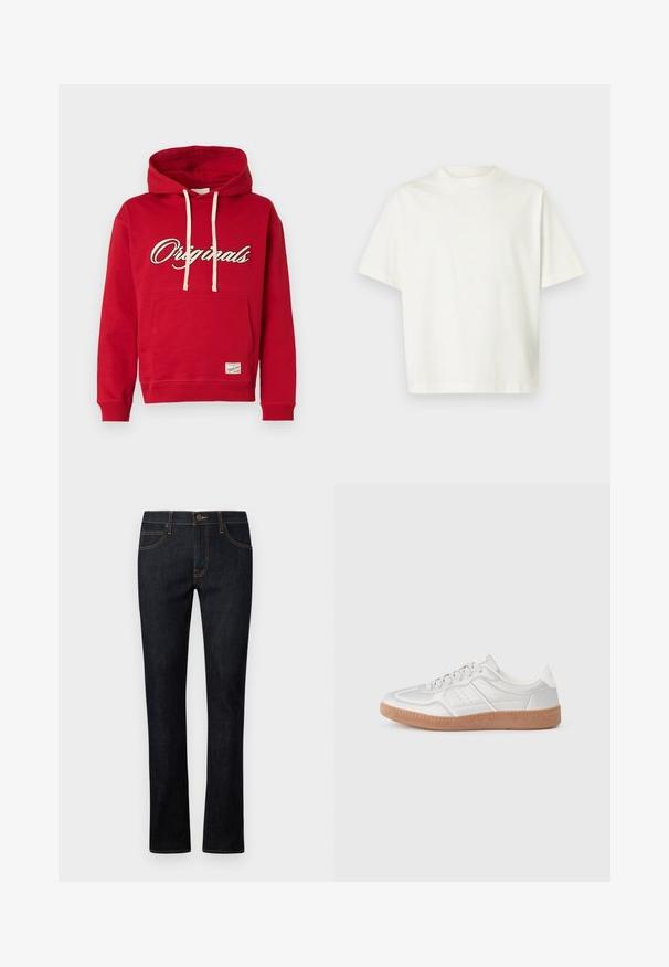 Rode hoodie met witte trekkoorden, een kangoeroezak aan de voorkant en de tekst "Originals" in wit en zwart schrift op de borst.; T-shirt met korte mouwen, effen wit, losvallend model en een ronde hals, getoond op een lichtgrijze achtergrond.; Donkerblauwe denim jeans met een recht model, voorzien van oranje stiksels, een vijf-pocket ontwerp en een sluiting met een knoop aan de voorkant.; Zilveren sneakers met een gladde textuur, vetersluiting, geperforeerde accenten en een gestructureerde bruine rubberen zool.