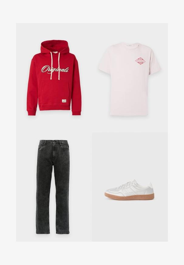 Roter Kapuzenpullover mit weißen Kordeln, Kängurutasche vorne und dem Schriftzug „Originals“ in weißer und schwarzer Schreibschrift auf der Brust.; Hellrosa T-Shirt mit kurzen Ärmeln und rotem, rhombusförmigem Aufdruck mit der Aufschrift "Miami Replay Palace Florida" auf der oberen linken Brust.; Schwarze Denim-Jeans mit geradem Schnitt, fünf Taschen, Knopfverschluss und dezentem Verblassen des Stoffs.; Silberne Sneakers mit glatter Textur, Schnürdesign, durchbrochenen Akzenten und einer strukturierten braunen Gummisohle.