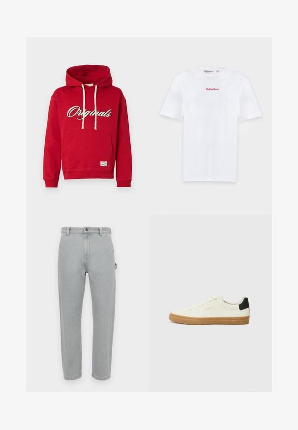 Sweat à capuche rouge avec cordons blancs, poche kangourou à l'avant, et texte "Originals" en police script blanche et noire sur la poitrine.; T-shirt blanc à manches courtes avec logo rouge "Rolling Stone" imprimé sur la poitrine, présenté sur un fond gris clair uni.; Jean en denim gris clair à coupe droite. Dispose d'une taille classique, de cinq poches et d'une légère décoloration pour plus de texture.; Sneaker en toile blanche avec une semelle en gomme, accent au talon noir, bout rond et design à lacets. Présente le logo de la marque en doré sur le côté.