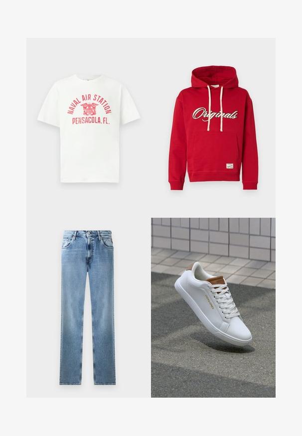 Rød hættetrøje med hvide snore, frontlomme og teksten "Originals" på tværs af brystet i hvid og sort script-skrift.; Hvid T-shirt med korte ærmer med rød tekst "NAVAL AIR STATION PENSACOLA, FL." og et ørneemblem i midten foran.; Lyseblå denim straight-leg jeans med lommer, kobbernitter og en knaplukning. Har et falmet design og en ren kant.; Hvide lædersneakers med en glat overflade, tan-akcent på hælen, gyldent logo på siden og en gummisål med tekstureret greb.