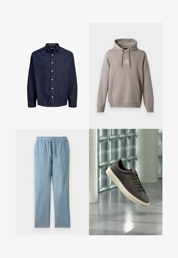 Sudadera gris con un bolsillo canguro central, capucha ajustable con cordón y un pequeño logo blanco en el pecho. Textura de tela suave.; Camisa de mezclilla azul oscuro con frente abotonado, mangas largas y cuello clásico, que presenta botones blancos y costuras en contraste.; Pantalones de pana de color azul claro con cintura elástica, cordón ajustable, forma de pierna recta y textura acanalada. Sin bolsillos visibles.; Zapatilla deportiva de cuero marrón con suela blanca y cordones, etiquetada "BOSS", mostrada flotando en el interior cerca de una pared de bloques de vidrio y suelo liso.