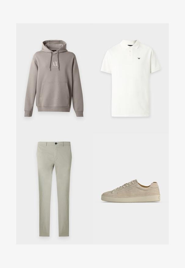 Hoodie gris avec une poche kangourou centrale, capuche réglable par cordon, et un petit logo blanc sur la poitrine. Texture de tissu douce.; Polo blanc à manches courtes avec trois boutons et un petit logo noir sur le côté gauche de la poitrine.; Chinos gris clair en coton avec une texture lisse, coupe droite, fermeture par boutons et poches avant.; Baskets basses beiges en daim avec fermeture lacée et semelle épaisse en caoutchouc, vues de profil sur fond blanc uni.