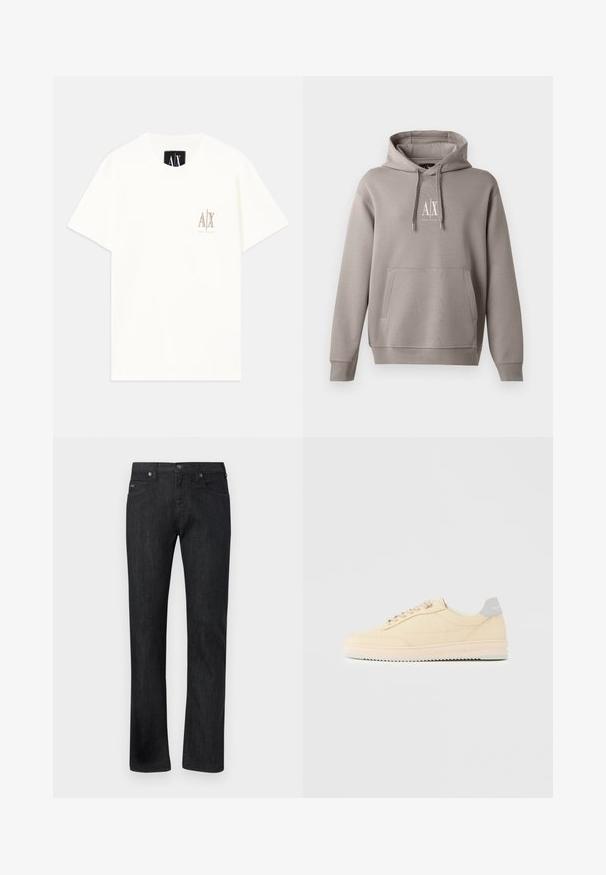 Grau Hoodie mit einer zentralen Kängurutasche, verstellbarem Kordelzug für die Kapuze und einem kleinen weißen Logo auf der Brust. Weicher Stoff.; Weißes T-Shirt aus Baumwolle mit kurzen Ärmeln, das auf der Brust ein kleines, in Beige gesticktes Logo zeigt. Rundhalsausschnitt mit lockerer Passform.; Schwarze Jeans mit geradem Bein, fünf Taschen, Gürtelschlaufen, Knopfverschluss und dezentem Markenlogo auf der vorderen rechten Tasche.; Beiger Sneaker in niedrigem Design mit Schnürverschluss vorne, hellrosa Sohle und grauem Fersenlasche mit der Marke "Filling Pieces", seitlich auf neutralem Hintergrund gezeigt.
