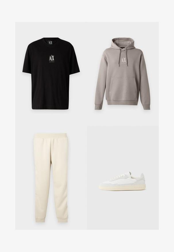 Grau Hoodie mit einer zentralen Kängurutasche, verstellbarem Kordelzug für die Kapuze und einem kleinen weißen Logo auf der Brust. Weicher Stoff.; Schwarzes Baumwoll-T-Shirt mit kurzen Ärmeln, rundem Halsausschnitt und einem kleinen weißen Logo "A|X", das mittig auf der Brust platziert ist.; Helle beige Sweatpants aus weichem Stoff mit taillierter Passform, elastischem Bund und Bündchen an den Knöcheln. Keine sichtbaren Muster oder Akzente.; Weißer Sneaker mit strukturiertem Obermaterial aus Wildleder und Leder. Verfügt über eine runde Zehenpartie, Schnürverschluss und eine kontrastierende beige Gummisohle.
