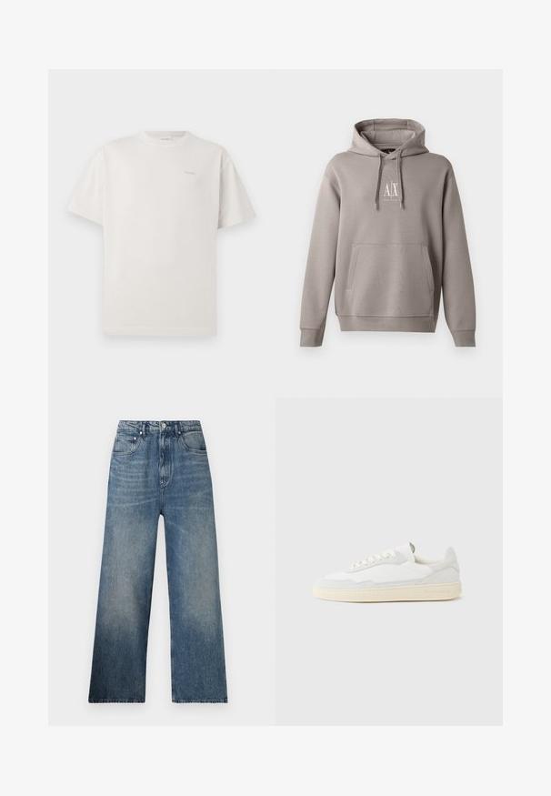 Grau Hoodie mit einer zentralen Kängurutasche, verstellbarem Kordelzug für die Kapuze und einem kleinen weißen Logo auf der Brust. Weicher Stoff.; CLOSED LOGO - T-Shirt basic - blush pink; Blaue Denim-Hosen mit weitem Bein und hohem Bund, mit subtilen Verfärbungen, fünf Taschen und einem Metallknopfverschluss vorne.; Weißer Sneaker mit strukturiertem Obermaterial aus Wildleder und Leder. Verfügt über eine runde Zehenpartie, Schnürverschluss und eine kontrastierende beige Gummisohle.