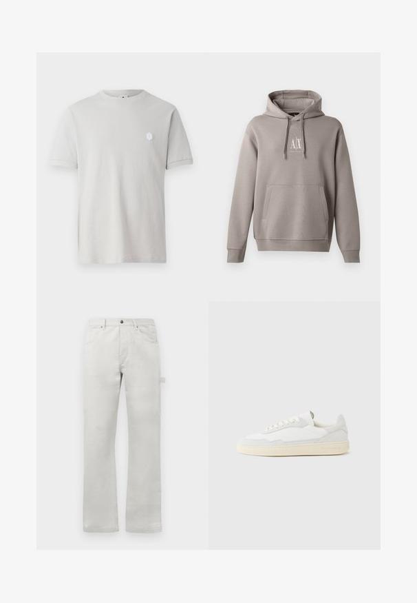 Grau Hoodie mit einer zentralen Kängurutasche, verstellbarem Kordelzug für die Kapuze und einem kleinen weißen Logo auf der Brust. Weicher Stoff.; Helles graues Baumwoll-T-Shirt mit kurzen Ärmeln, rundem Ausschnitt und einem kleinen hexagonalen weißen Logo auf der oberen linken Seite. Glatte Textur.; Helle graue Hose mit gerader Passform, aus glattem Baumwollstoff gefertigt, mit Eingrifftaschen vorne und einer seitlichen Cargo-Tasche.; Weißer Sneaker mit strukturiertem Obermaterial aus Wildleder und Leder. Verfügt über eine runde Zehenpartie, Schnürverschluss und eine kontrastierende beige Gummisohle.