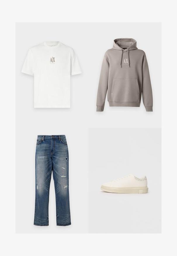 Grau Hoodie mit einer zentralen Kängurutasche, verstellbarem Kordelzug für die Kapuze und einem kleinen weißen Logo auf der Brust. Weicher Stoff.; Weißes Baumwoll-T-Shirt mit Rundhalsausschnitt. Mit einem kleinen beigen Logo "A|X" und "ARMANI EXCHANGE" darunter. Kurze Ärmel, normale Passform.; Blaue Denim-Jeans mit lockerer Passform, die abgenutzte Flicken und Ausbleichungen aufweisen. Sie haben normale Taschen und sichtbare Nähte.; Weißer Sneaker mit einem glatten Obermaterial aus Canvas, flachen Schnürsenkeln, gepolstertem Kragen und einem strukturierten grauen Akzent an der Rückseite. Chunkige Gummisohle.